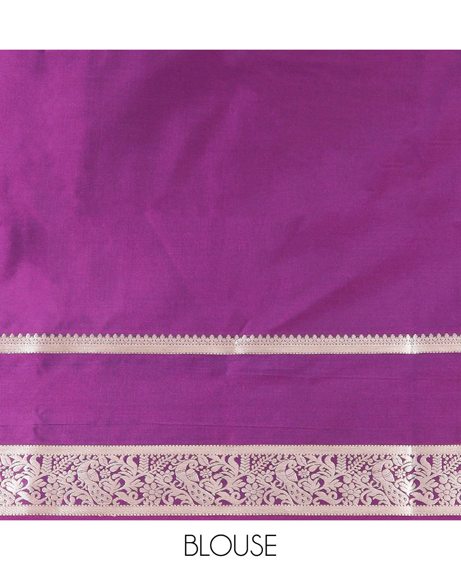 Orange Semi-Soft Silk Saree Featuring Peacock and Chakram Buttas, Complemented by a Contrast Rettai Pettu Traditional Zari Border of Peacocks, Grandly Woven Pallu of Jaal Designs, and Paired with a Contrast Blouse - Image 5