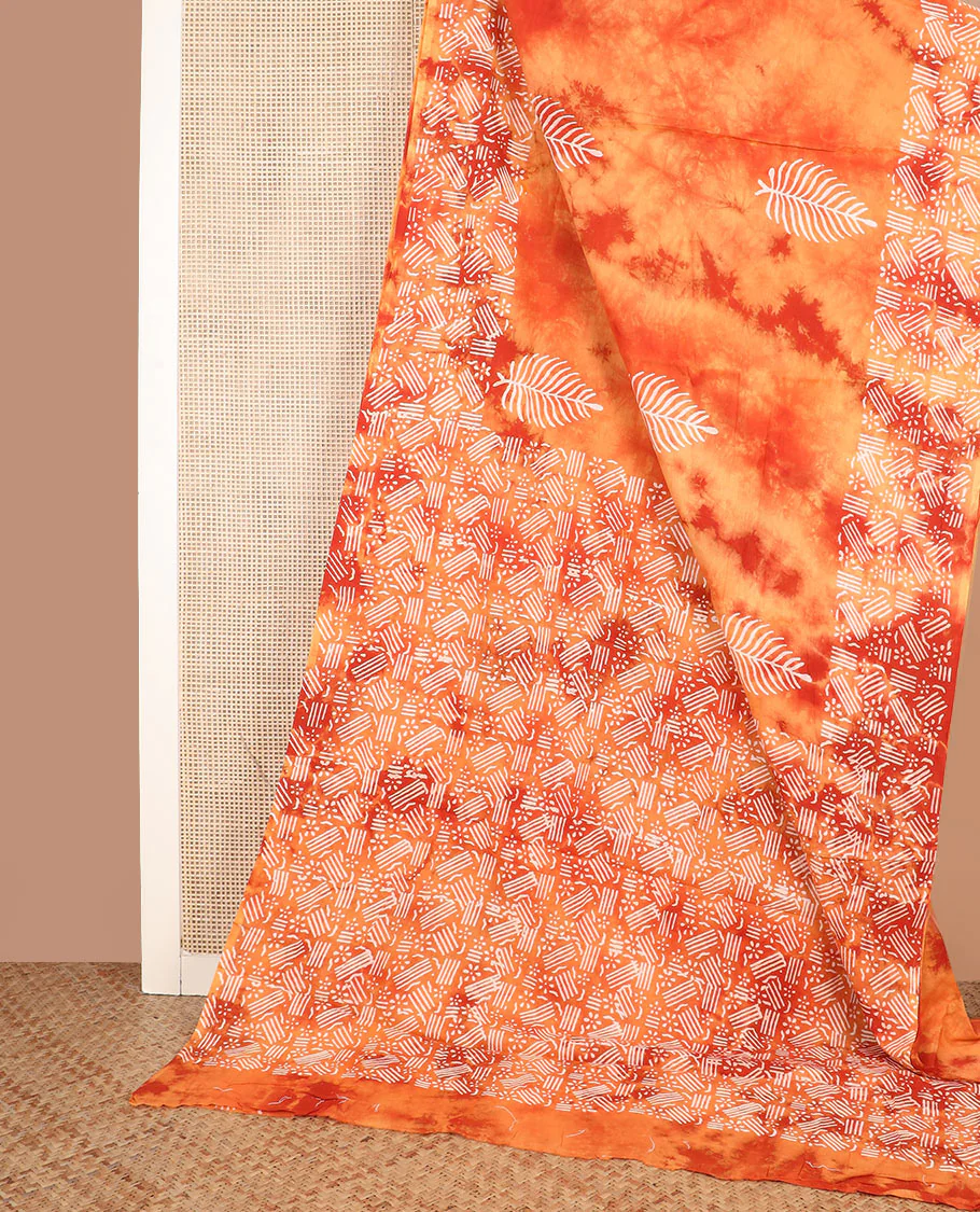 Orange shibori dyed with leaf motifs block printed cotton saree, self-border, and printed pallu - Image 2