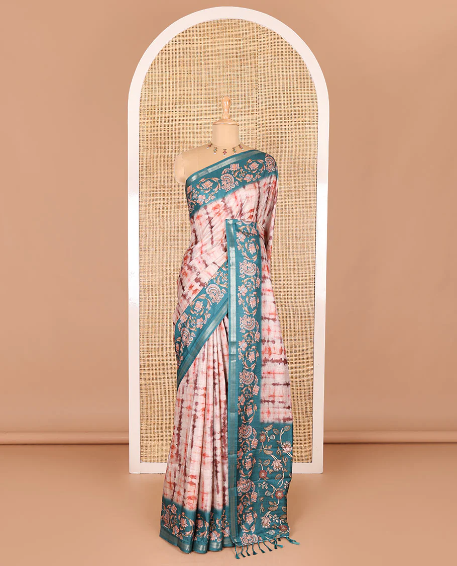Orange shibori printed katan silk saree, contrast border, and pallu of kalamkari floral vine and peacock print, and a contrast leaf printed blouse - Image 2