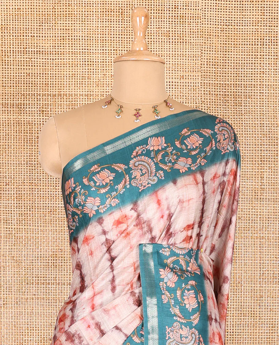 Orange shibori printed katan silk saree, contrast border, and pallu of kalamkari floral vine and peacock print, and a contrast leaf printed blouse - Image 3