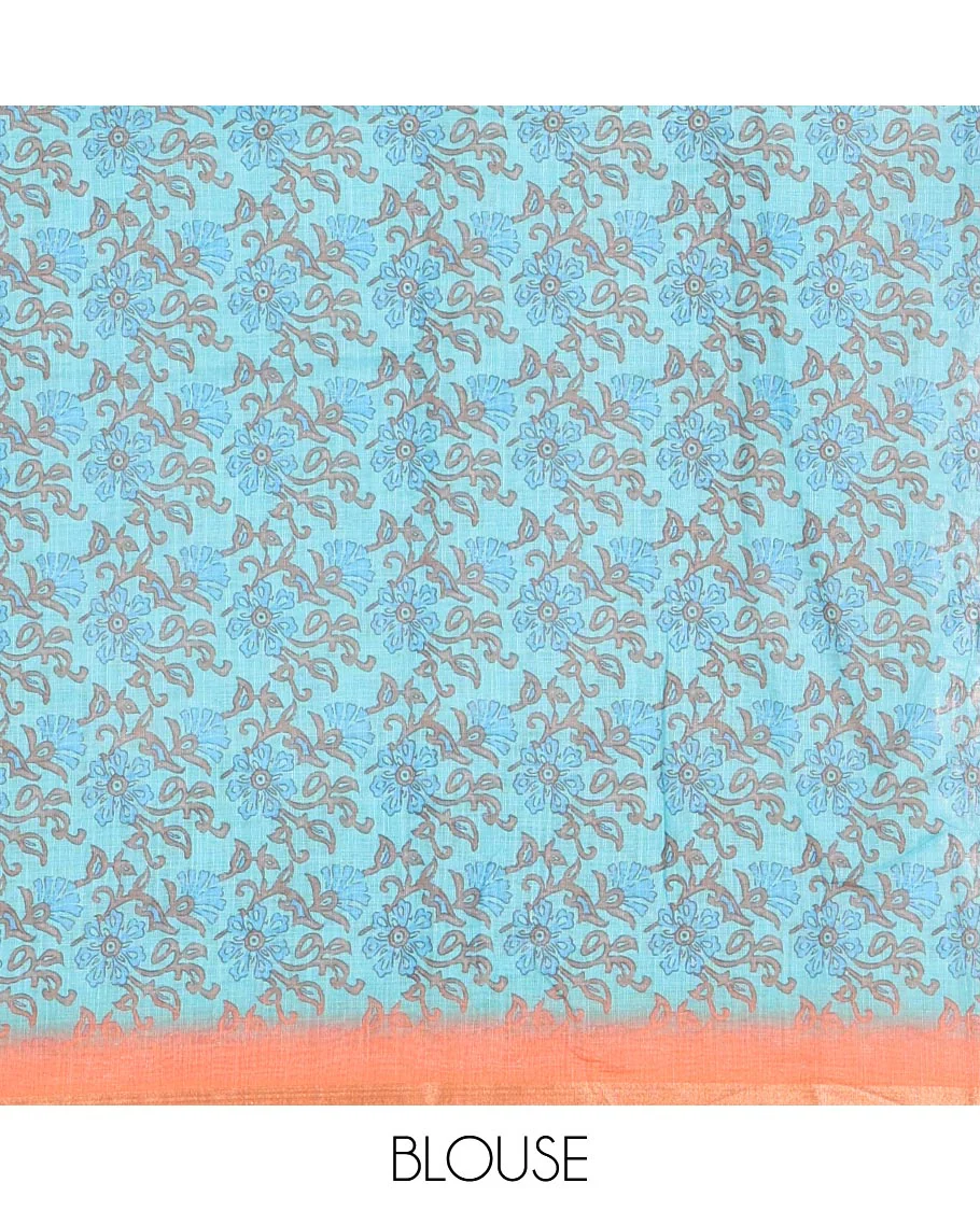 Orange shibori printed linen cotton saree, piping border, contrast floral printed pallu, and a contrast floral printed blouse - Image 3