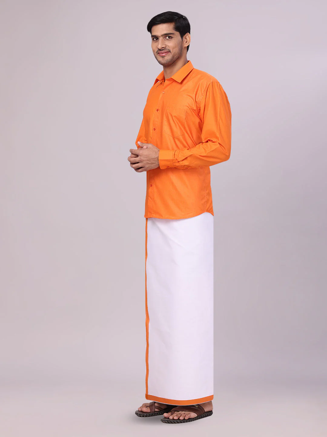 Mens Cotton Orange Matching Shirt and Dhoti Combo Luster - Image 2