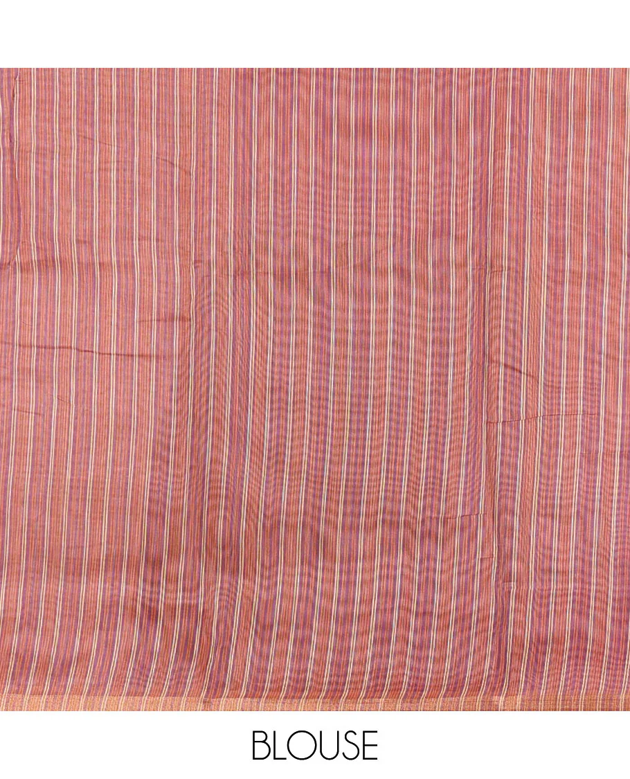 Orange small buttas printed Linen cotton saree, contrast double-sided temple border, striped pallu, and vertically striped blouse - Image 4