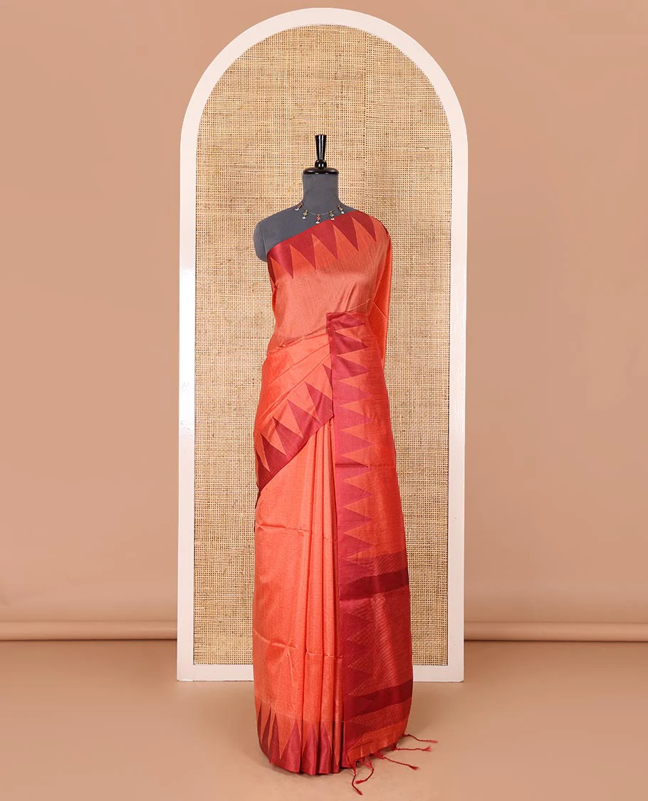 Orange sparsely striped semi-tussar saree, contrast temple red border, striped pallu, and contrast blouse - Image 2