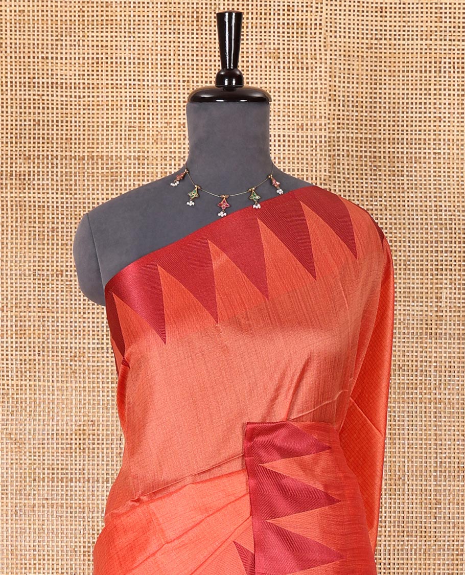Orange sparsely striped semi-tussar saree, contrast temple red border, striped pallu, and contrast blouse - Image 3