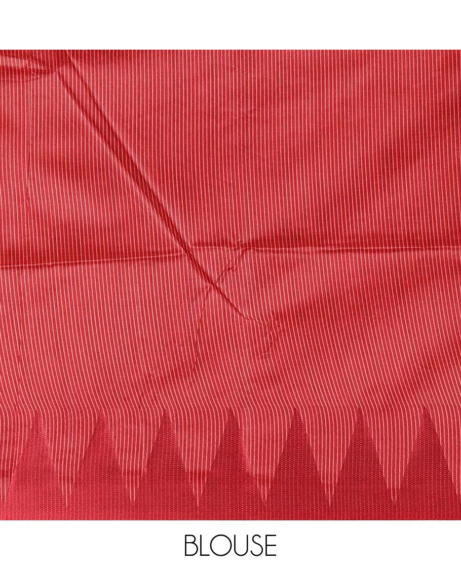 Orange sparsely striped semi-tussar saree, contrast temple red border, striped pallu, and contrast blouse - Image 4