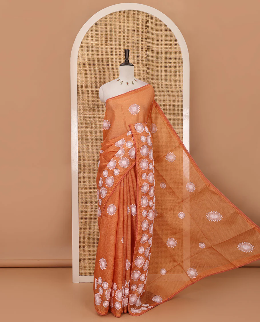 Orange star flower motifs chikankari-style embroidered kota check saree, lace border & matching checked blouse