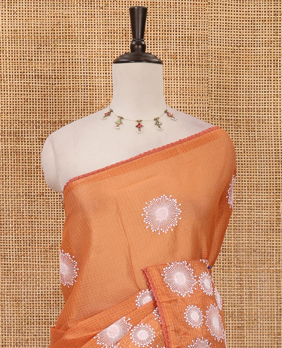 Orange star flower motifs chikankari-style embroidered kota check saree, lace border & matching checked blouse - Image 3