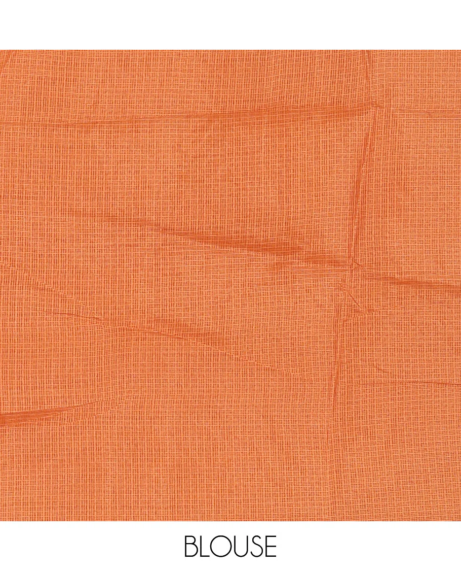 Orange star flower motifs chikankari-style embroidered kota check saree, lace border & matching checked blouse - Image 4
