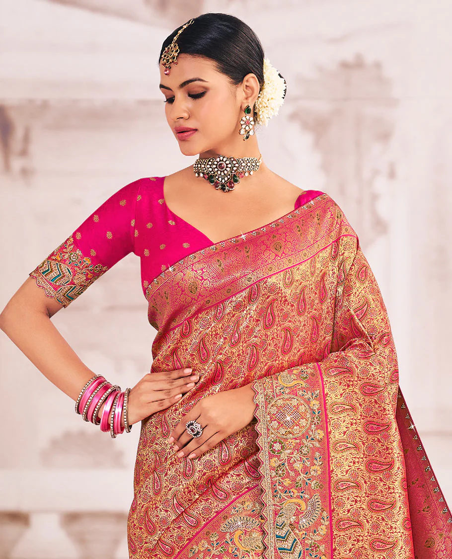 Pink paisley jaal meenakari jacquard designer saree, contrast scallop intricately embroidered border, and pallu of zari and micro-stone work - Image 2