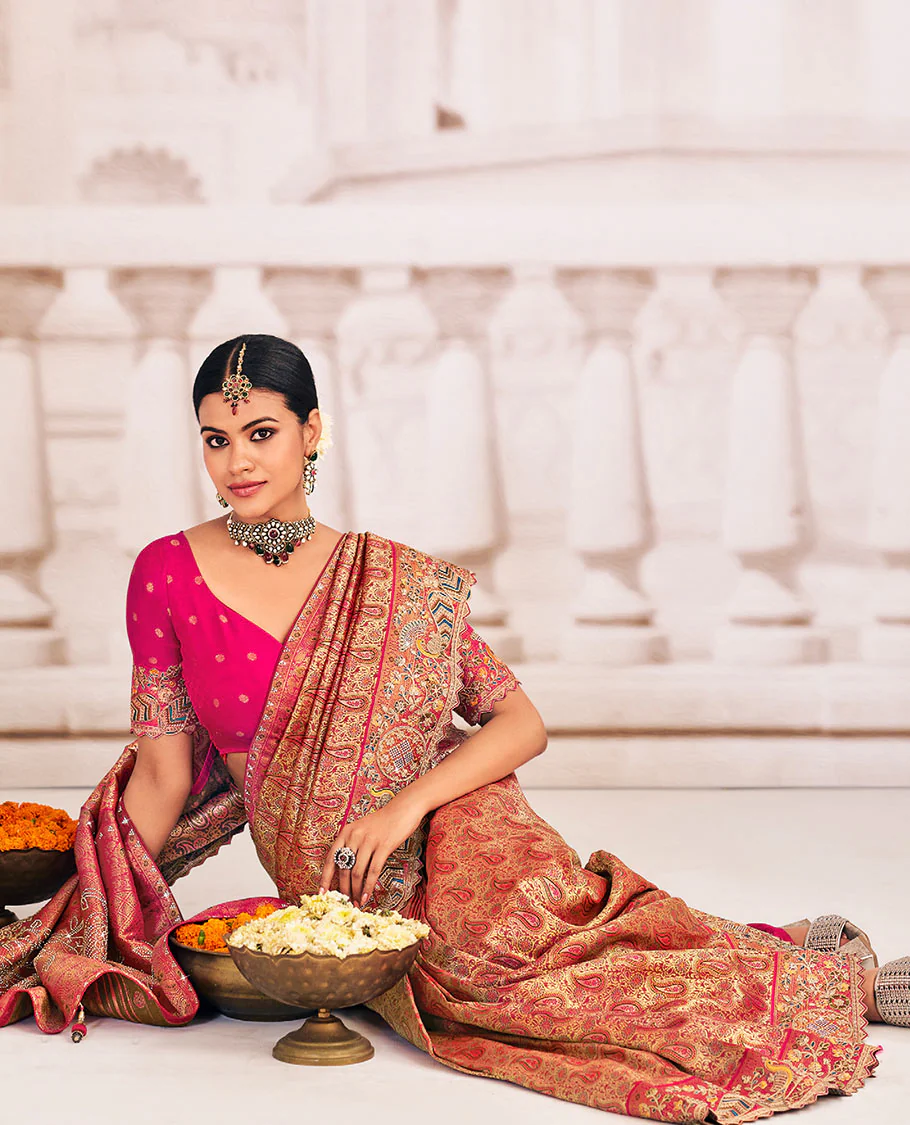 Pink paisley jaal meenakari jacquard designer saree, contrast scallop intricately embroidered border, and pallu of zari and micro-stone work - Image 3