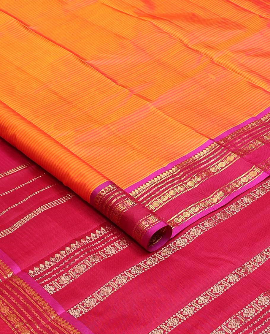 Orange striped and buttas Kanchipuram silk saree, contrast border and pallu of thilakam mokku, muthu, neli, and rudraksham designs - Image 2