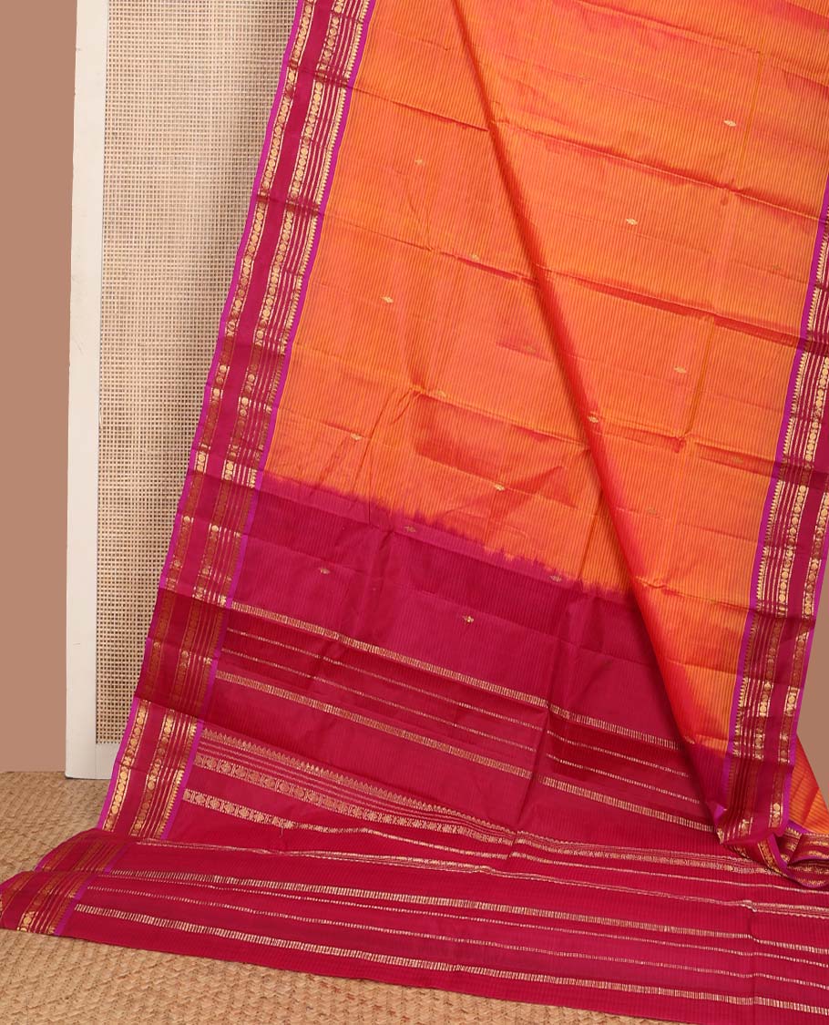 Orange striped and buttas Kanchipuram silk saree, contrast border and pallu of thilakam mokku, muthu, neli, and rudraksham designs - Image 3