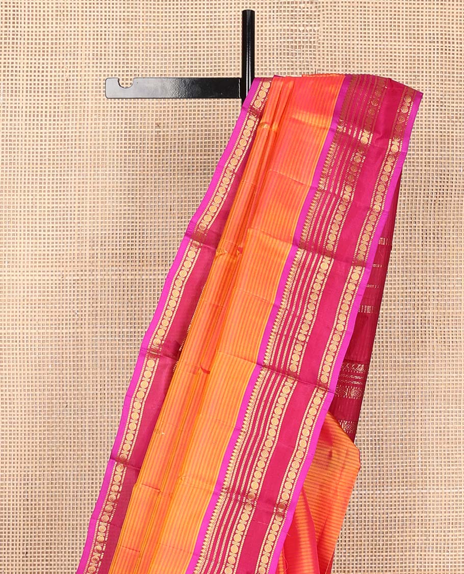 Orange striped and buttas Kanchipuram silk saree, contrast border and pallu of thilakam mokku, muthu, neli, and rudraksham designs - Image 4
