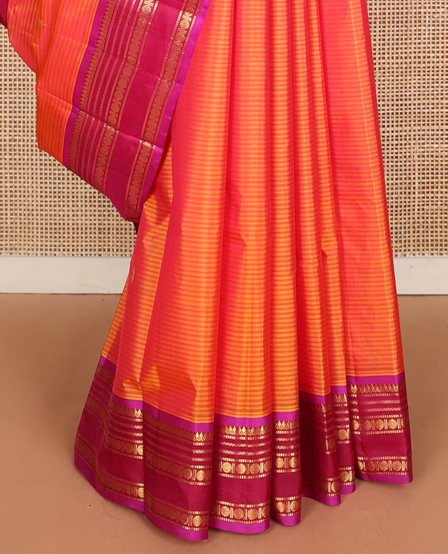 Orange striped and buttas Kanchipuram silk saree, contrast border and pallu of thilakam mokku, muthu, neli, and rudraksham designs - Image 5
