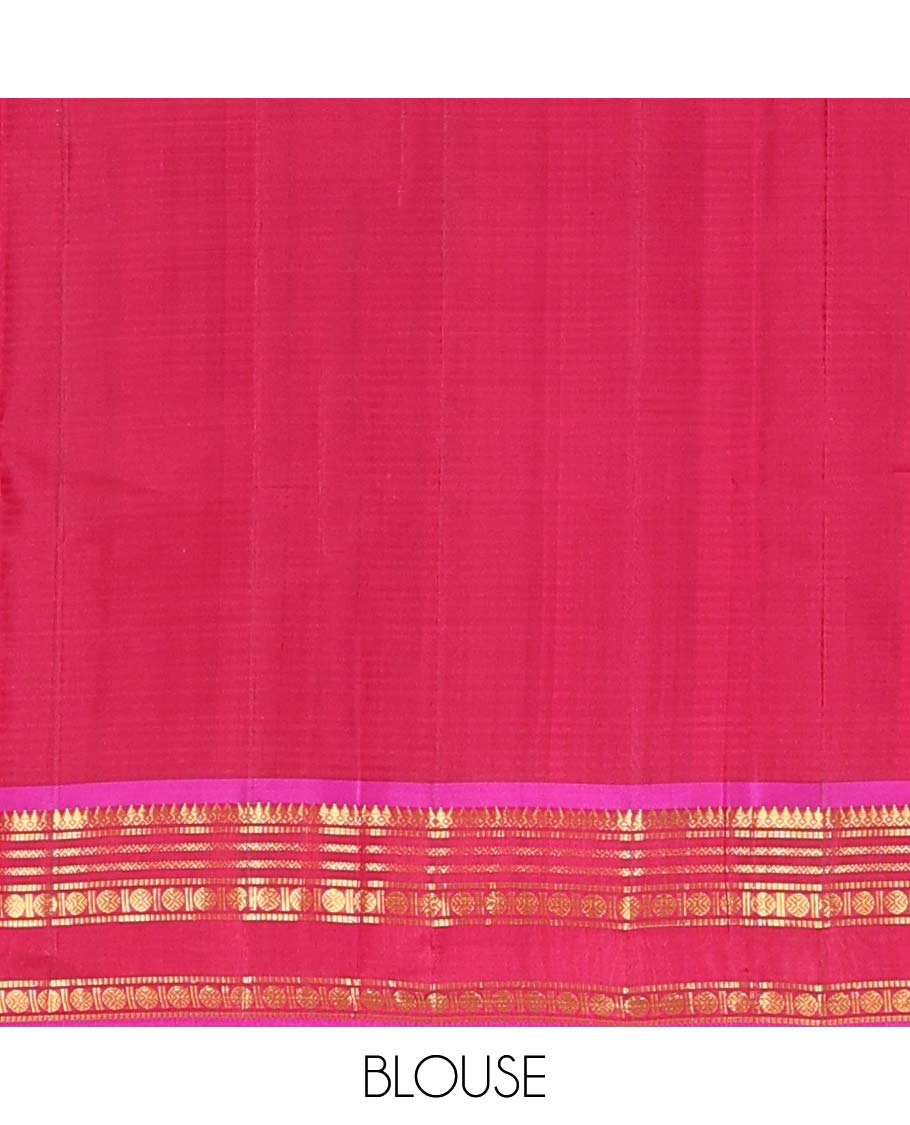 Orange striped and buttas Kanchipuram silk saree, contrast border and pallu of thilakam mokku, muthu, neli, and rudraksham designs - Image 6
