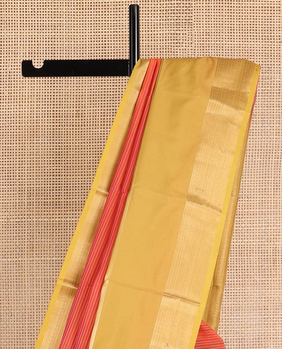Orange striped design Vasundhara Lite Silk Mix Saree with contrast rettai pettu border & floral striped design pallu - Image 4