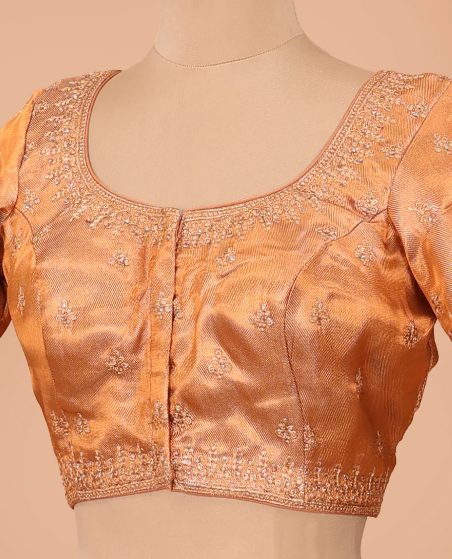 Orange thread embroidered front-back round neck elbow sleeve blouse - Image 2