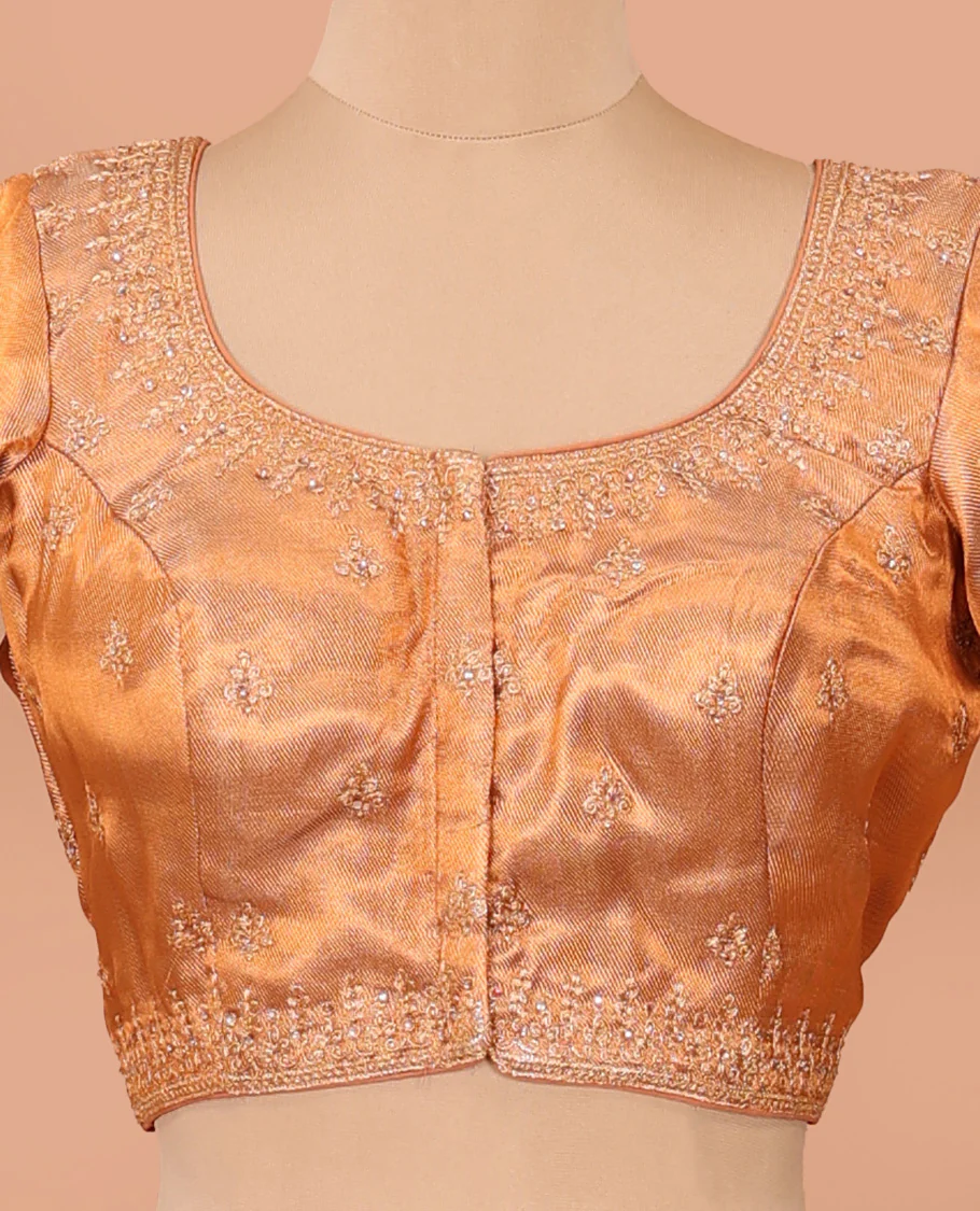 Orange thread embroidered front-back round neck elbow sleeve blouse - Image 3