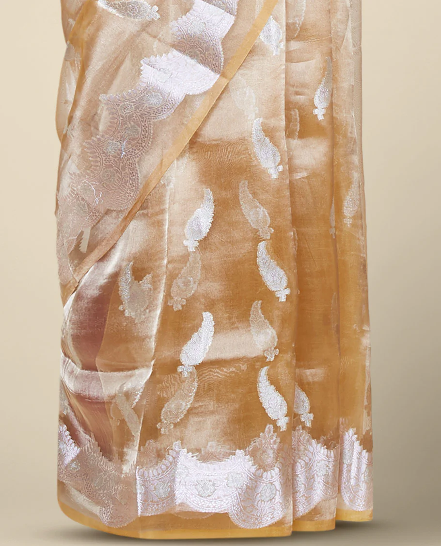 Orange tissue silk saree with paisley buttas, traditional zari border & intricate pallu - Image 3