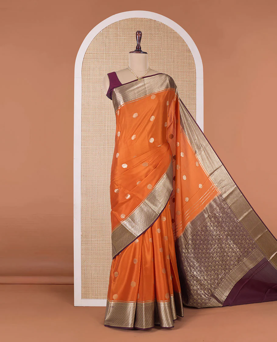 Orange tree buttas Mysore silk saree, contrast traditional zari border, and intricate pallu - Image 2