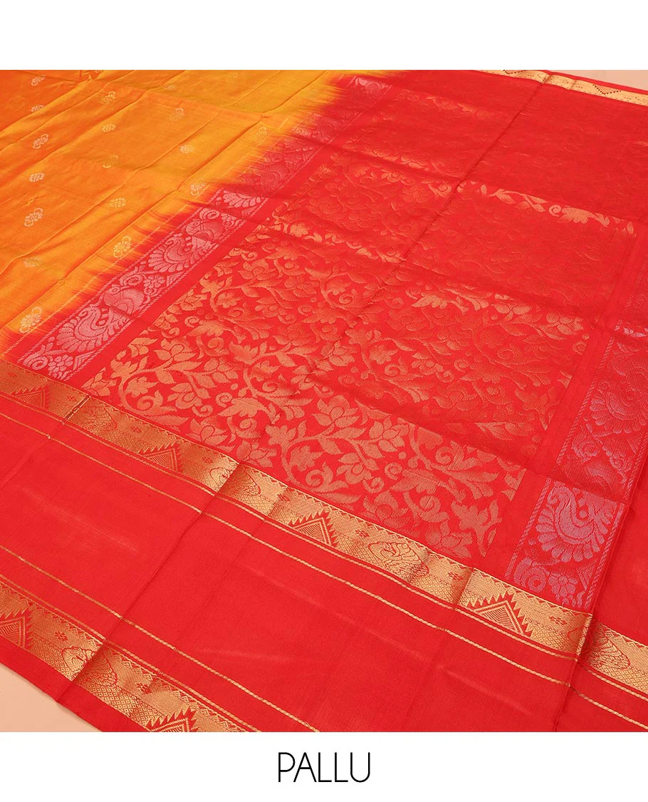Orange Uppada Silk Saree Highlighted with Floral Buttas, Captivating Contrast Border of Traditional Zari Motifs and Peacock Motifs, Pallu Depicting Floral Jaal Design, and Paired with a Contrast Zari-Bordered Blouse - Image 5