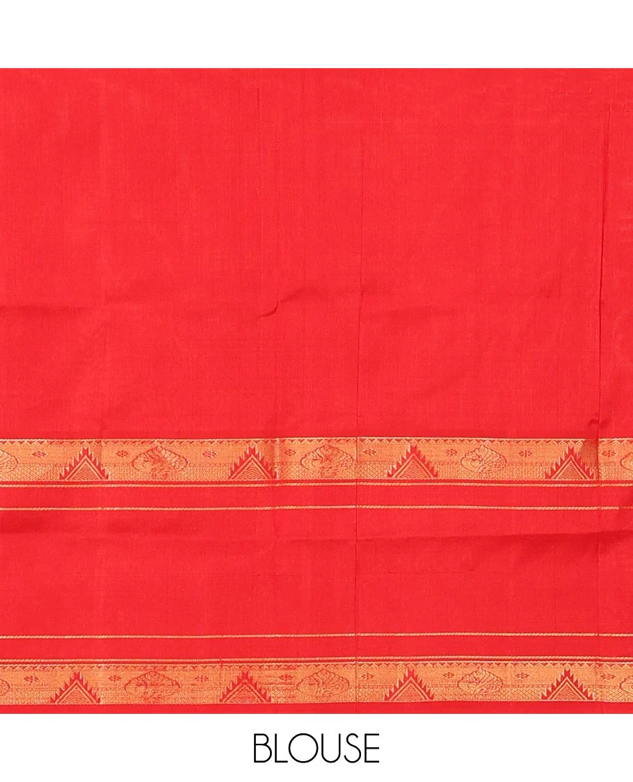 Orange Uppada Silk Saree Highlighted with Floral Buttas, Captivating Contrast Border of Traditional Zari Motifs and Peacock Motifs, Pallu Depicting Floral Jaal Design, and Paired with a Contrast Zari-Bordered Blouse - Image 6