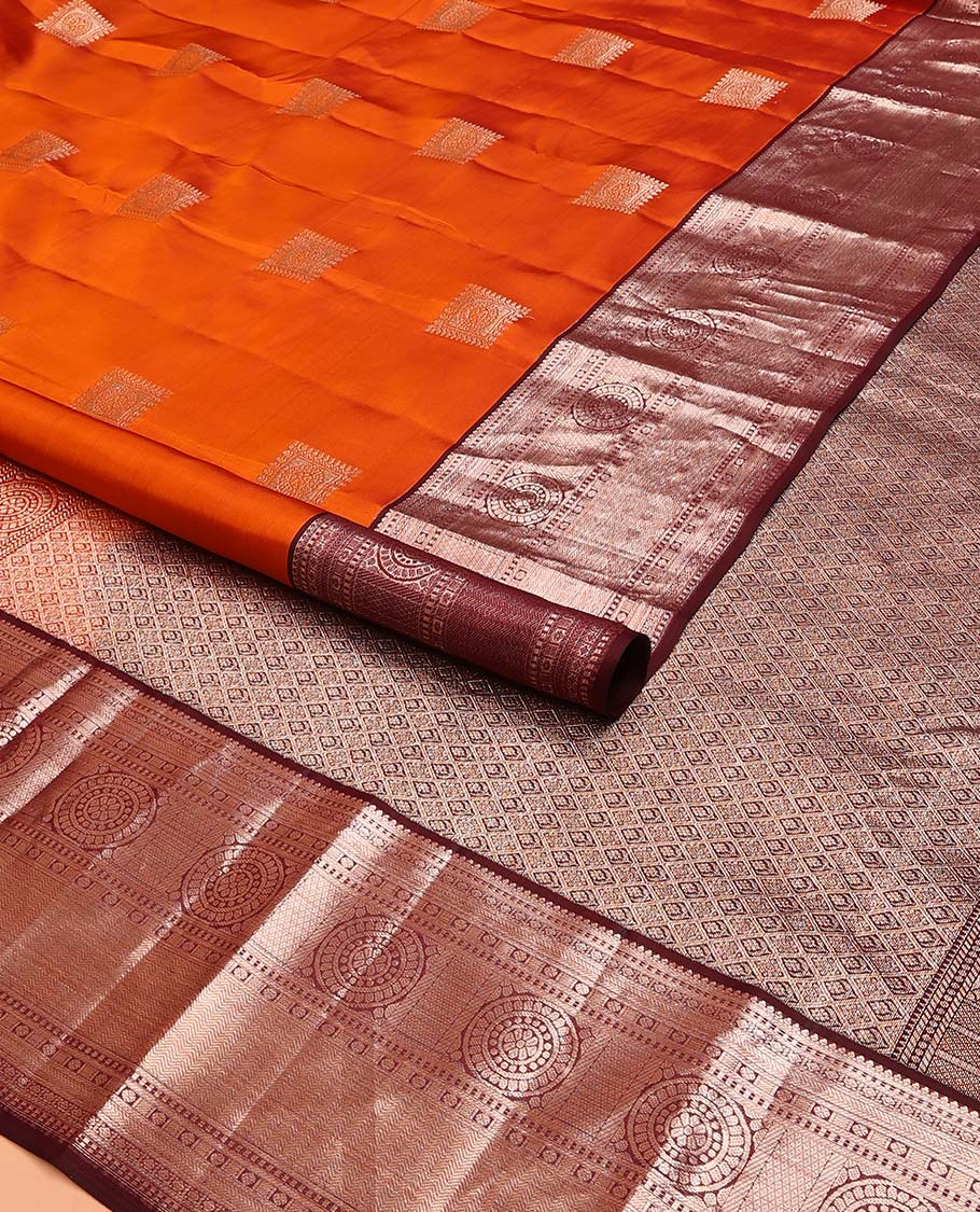 Orange Vasundhara Lite Silk Mix Saree Decorated with Zari Buttas, Complemented with a Contrast Border Featuring Chakram, Rudraksham, Vanki, Kathir, and Lavangam Designs, Zari Elevated Jaal Pallu, and Paired with a Contrast Blouse - Image 2
