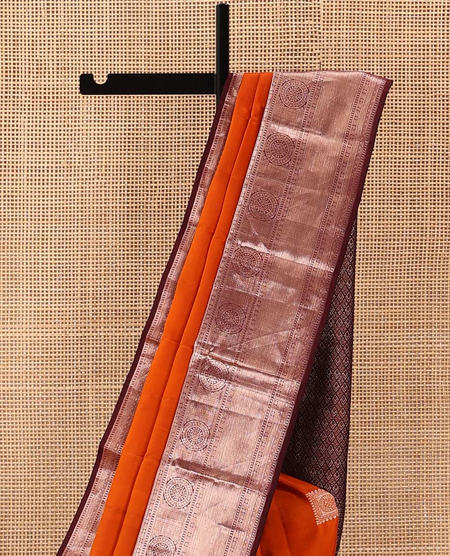 Orange Vasundhara Lite Silk Mix Saree Decorated with Zari Buttas, Complemented with a Contrast Border Featuring Chakram, Rudraksham, Vanki, Kathir, and Lavangam Designs, Zari Elevated Jaal Pallu, and Paired with a Contrast Blouse - Image 3