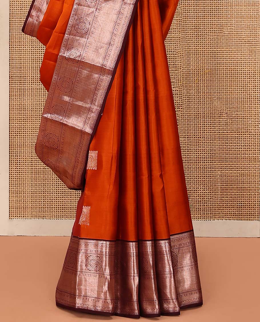 Orange Vasundhara Lite Silk Mix Saree Decorated with Zari Buttas, Complemented with a Contrast Border Featuring Chakram, Rudraksham, Vanki, Kathir, and Lavangam Designs, Zari Elevated Jaal Pallu, and Paired with a Contrast Blouse - Image 4