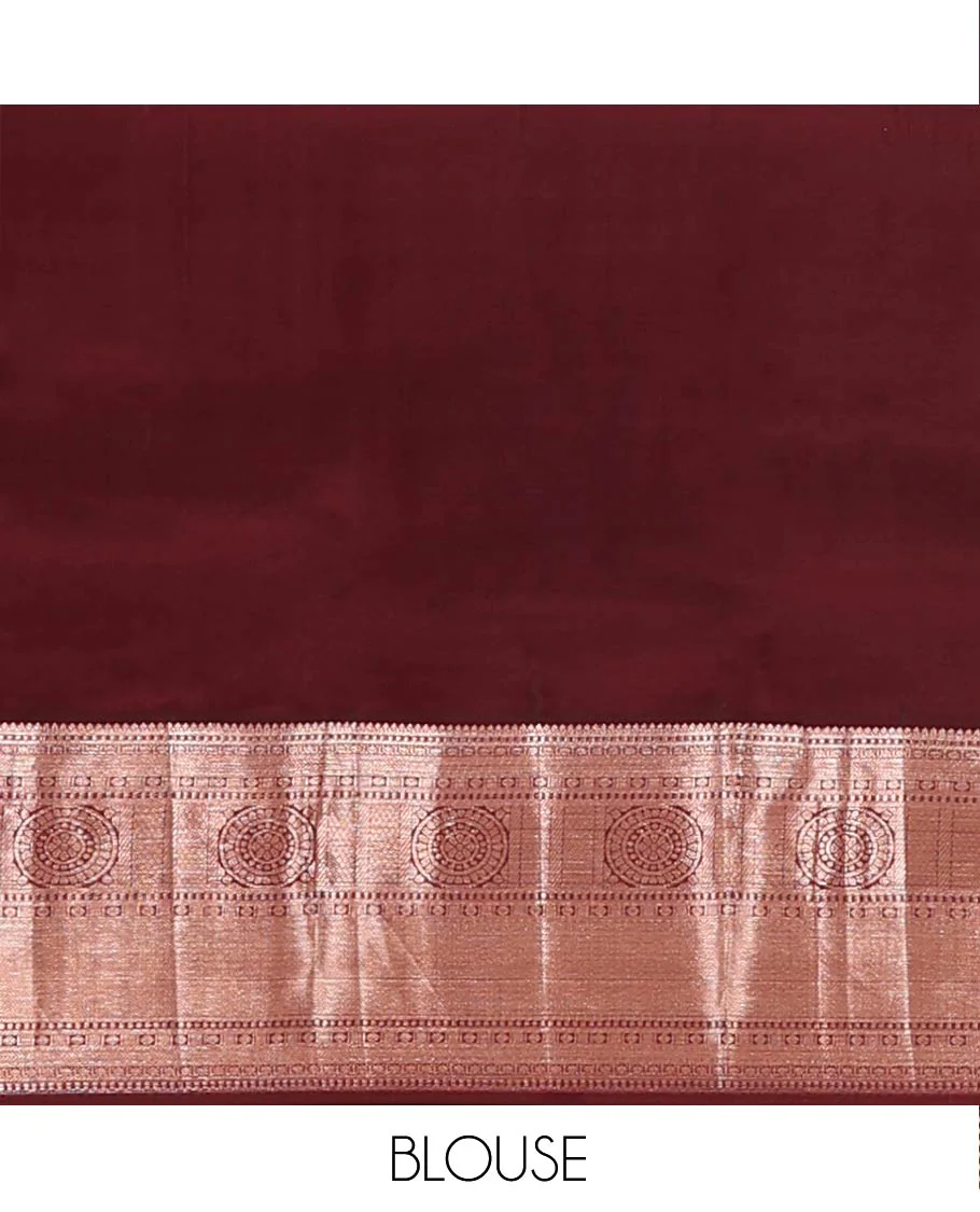 Orange Vasundhara Lite Silk Mix Saree Decorated with Zari Buttas, Complemented with a Contrast Border Featuring Chakram, Rudraksham, Vanki, Kathir, and Lavangam Designs, Zari Elevated Jaal Pallu, and Paired with a Contrast Blouse - Image 6