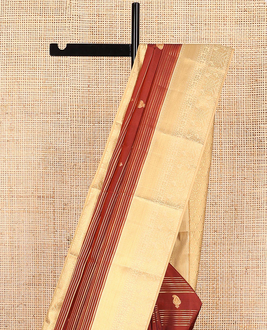 Orange Vasundhara Lite-Silk Mix Saree Decorated with Zari Stripes and Manga Buttas, Complemented by a Paithani-Themed Zari Woven Contrast Border, Pallu Elevated with Thilakam Motifs, and Comes with a Contrast Blouse - Image 3