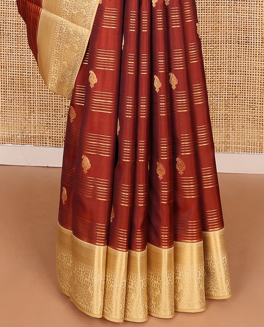 Orange Vasundhara Lite-Silk Mix Saree Decorated with Zari Stripes and Manga Buttas, Complemented by a Paithani-Themed Zari Woven Contrast Border, Pallu Elevated with Thilakam Motifs, and Comes with a Contrast Blouse - Image 4