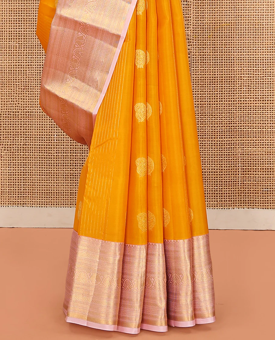 Orange Vasundhara Lite Silk Mix Saree Enhanced with Round Mayil Buttas, Featuring a Contrast Maroon Border of Neli, Kathir, Manga, and Mayil Kann, Pallu Elevated with Zari Designs, and a Contrast Border - Image 4