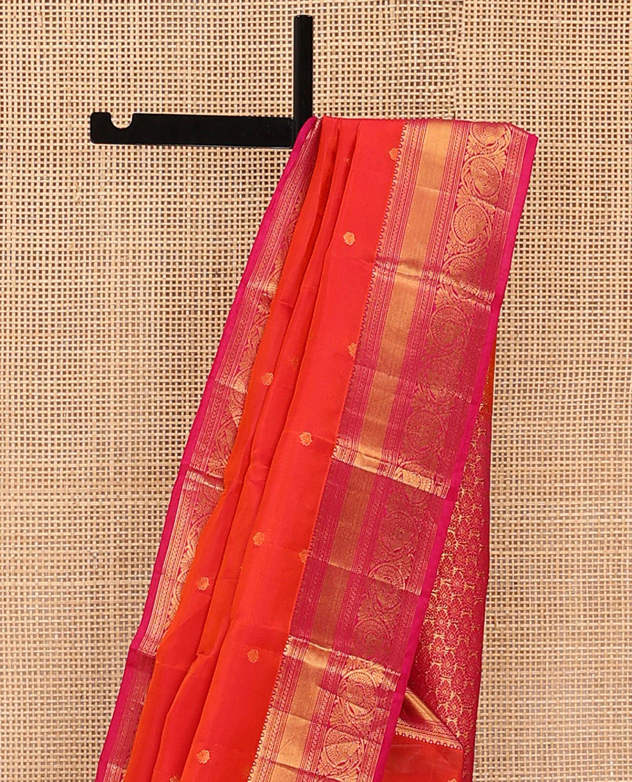 Orange Vasundhara Lite Silk Mix Saree Enriched with Zari Buttas, Featuring a Contrast Border of Thilakam, Banaras, Muthu, and Kodi Visiry Designs, Zari Elevated Pallu, and a Contrast Blouse - Image 3