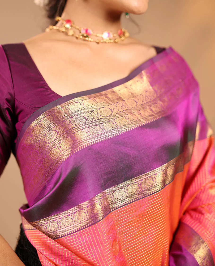 Orange Vasundhara Silk Saree Featuring Zari Checks and Annam Chakram Buttas, Complemented by a Contrast Rettai Pettu Border with Muthu, Yaali, and Kodi Visiry Designs, a Jaal Pallu, and a Contrast Zari-Bordered Blouse - Image 2