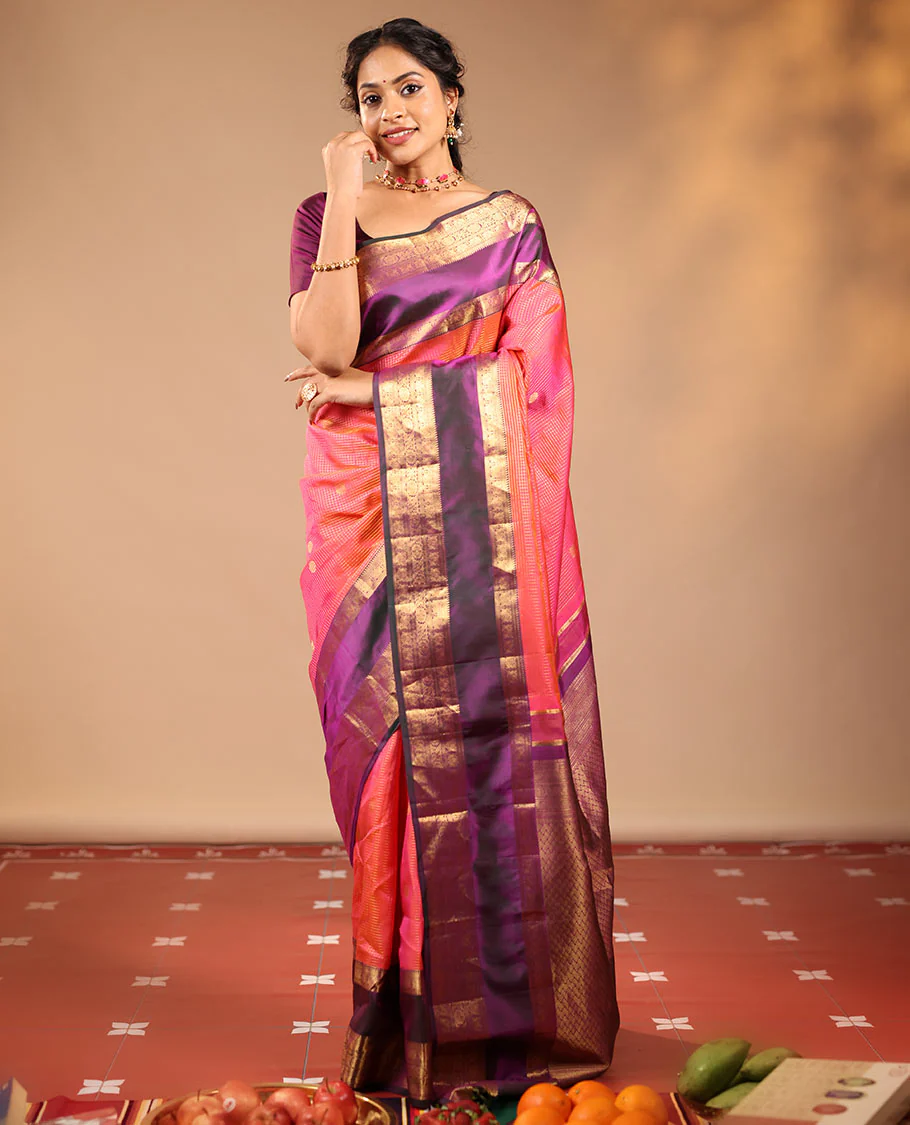 Orange Vasundhara Silk Saree Featuring Zari Checks and Annam Chakram Buttas, Complemented by a Contrast Rettai Pettu Border with Muthu, Yaali, and Kodi Visiry Designs, a Jaal Pallu, and a Contrast Zari-Bordered Blouse - Image 3