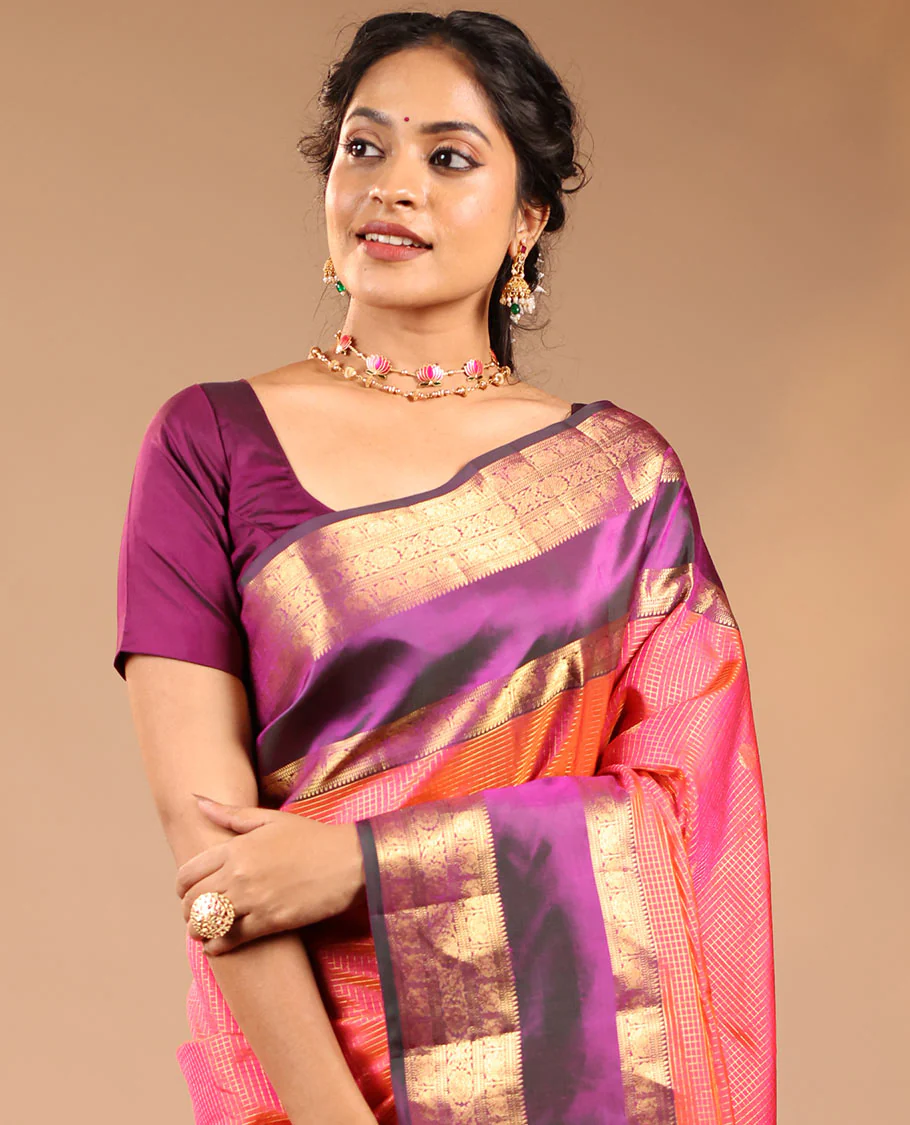 Orange Vasundhara Silk Saree Featuring Zari Checks and Annam Chakram Buttas, Complemented by a Contrast Rettai Pettu Border with Muthu, Yaali, and Kodi Visiry Designs, a Jaal Pallu, and a Contrast Zari-Bordered Blouse - Image 4