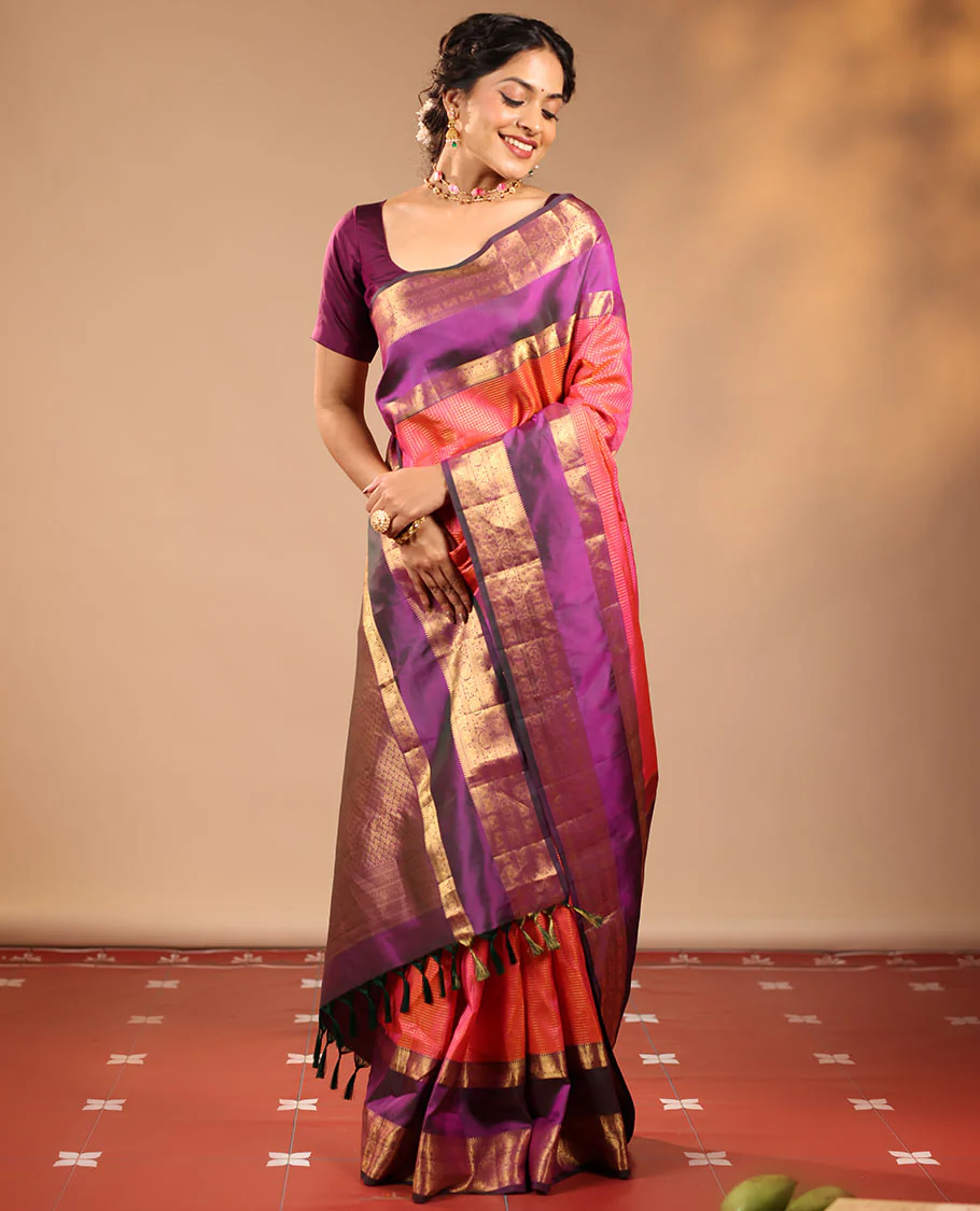 Orange Vasundhara Silk Saree Featuring Zari Checks and Annam Chakram Buttas, Complemented by a Contrast Rettai Pettu Border with Muthu, Yaali, and Kodi Visiry Designs, a Jaal Pallu, and a Contrast Zari-Bordered Blouse - Image 5