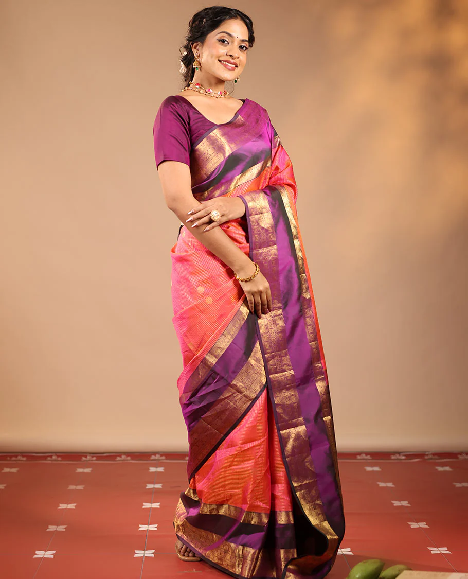 Orange Vasundhara Silk Saree Featuring Zari Checks and Annam Chakram Buttas, Complemented by a Contrast Rettai Pettu Border with Muthu, Yaali, and Kodi Visiry Designs, a Jaal Pallu, and a Contrast Zari-Bordered Blouse - Image 6