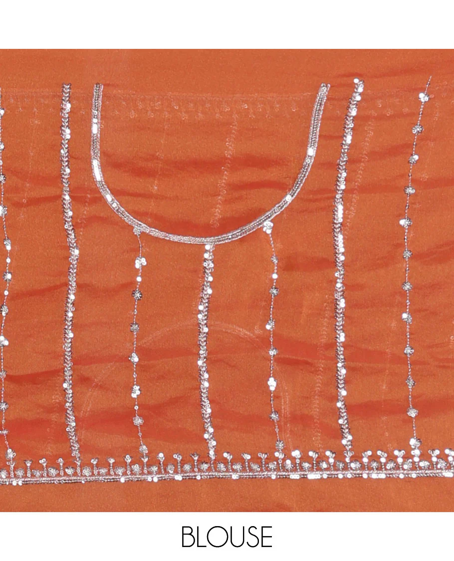 Orange vertical stripes embroidered shimmer chiffon saree, scallop embroidered border, embroidered pallu, and fancy embroidered matching blouse - Image 4