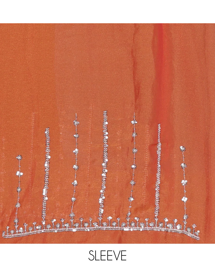 Orange vertical stripes embroidered shimmer chiffon saree, scallop embroidered border, embroidered pallu, and fancy embroidered matching blouse - Image 5
