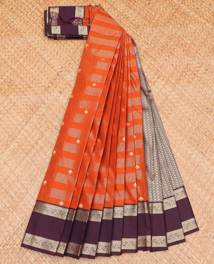 Orange zari buttas and striped budget silk saree, contrast traditional zari design rettai pettu border, and jaal pallu - Image 2
