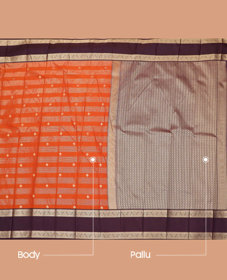 Orange zari buttas and striped budget silk saree, contrast traditional zari design rettai pettu border, and jaal pallu - Image 3