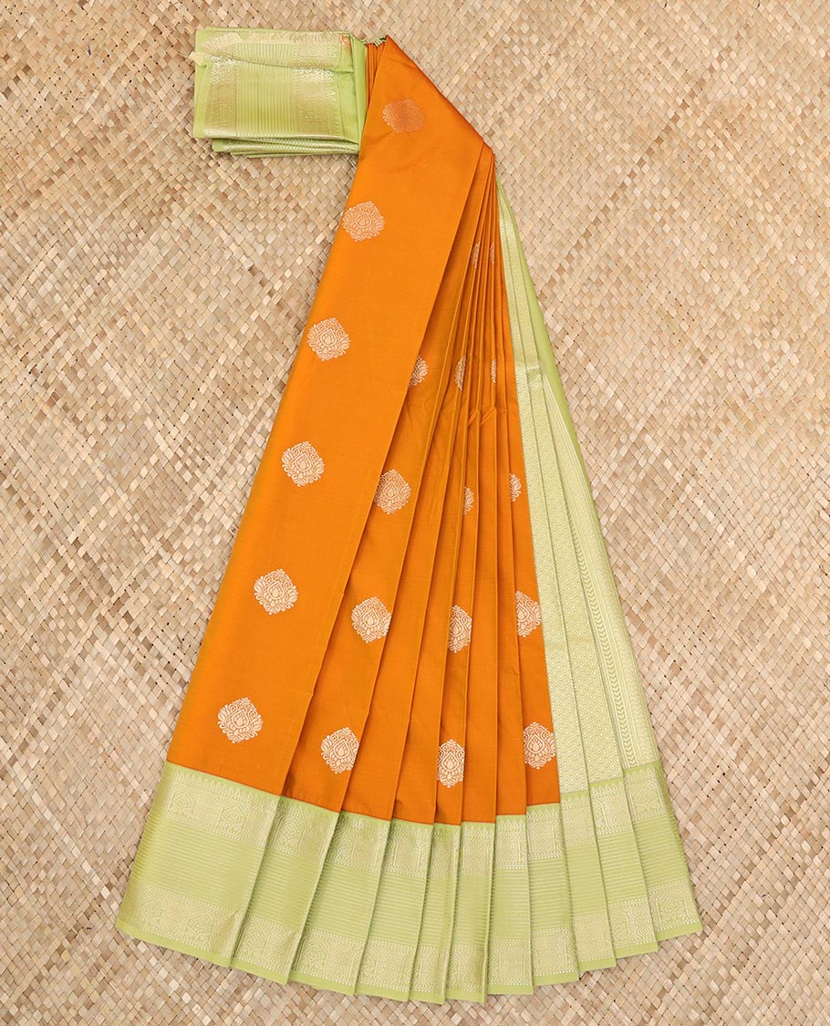 Orange zari buttas and wedding-theme motifs zari woven budget silk saree, contrast traditional zari design border, and intricate pallu - Image 2