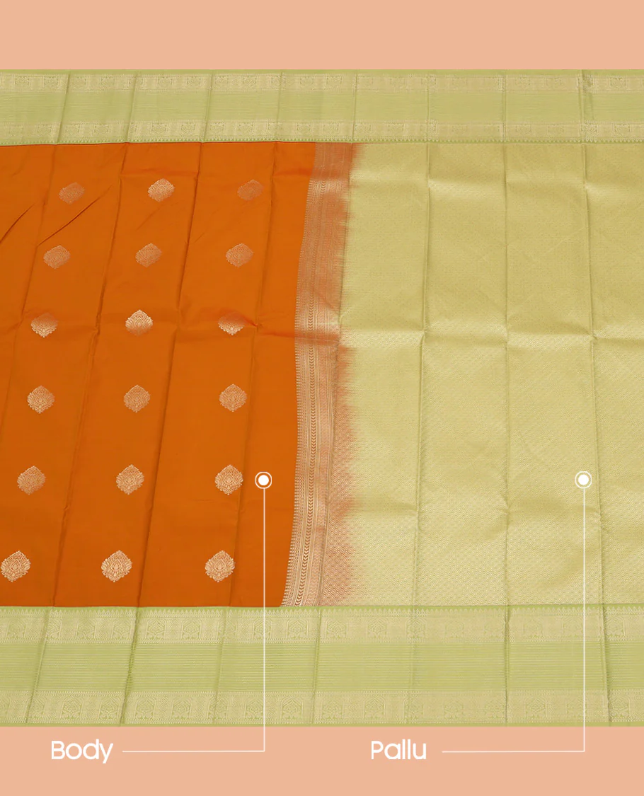 Orange zari buttas and wedding-theme motifs zari woven budget silk saree, contrast traditional zari design border, and intricate pallu - Image 3