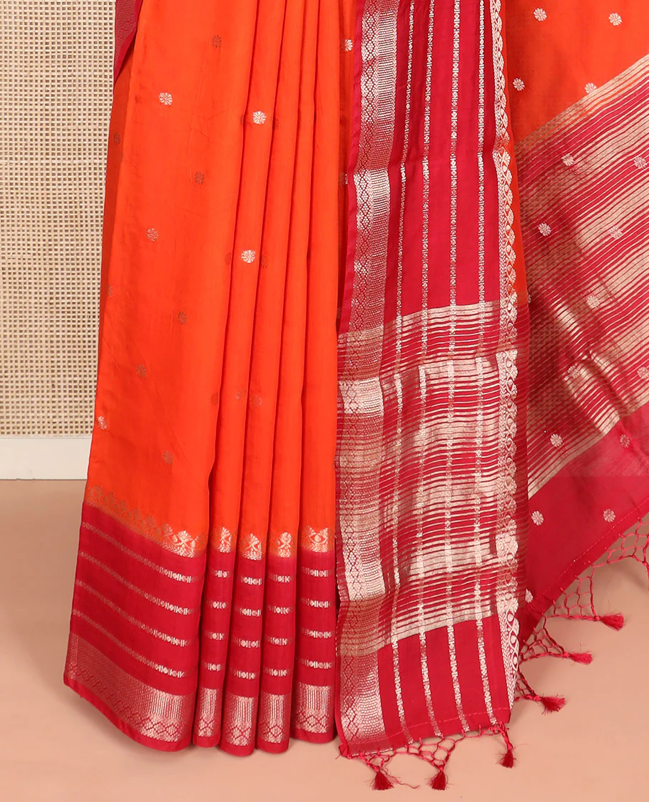 Orange zari buttas Assam silk saree, contrast traditional zari border, and pallu of zari stripes, and buttas - Image 3