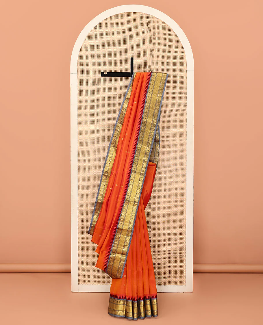 Orange zari buttas Bangalore silk saree, contrast temple traditional zari border, and zari-rich jaal pallu
