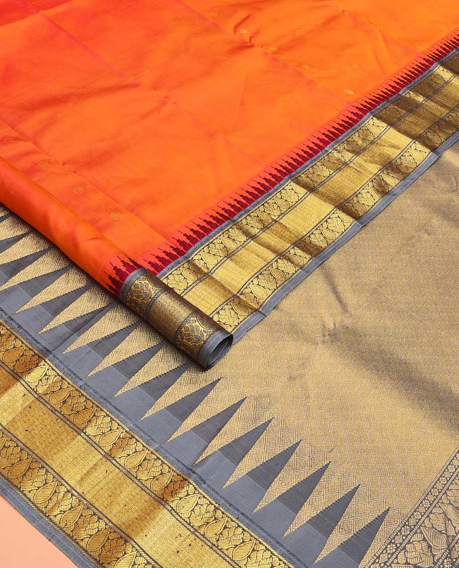Orange zari buttas Bangalore silk saree, contrast temple traditional zari border, and zari-rich jaal pallu - Image 2