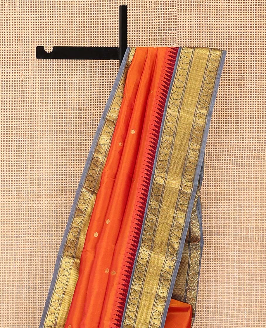 Orange zari buttas Bangalore silk saree, contrast temple traditional zari border, and zari-rich jaal pallu - Image 3